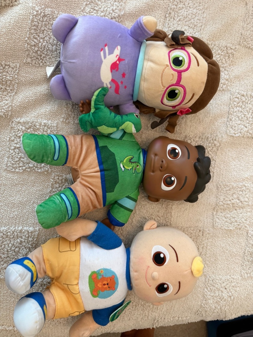 Set of 3 Plush Kids Characters in Purple, Green & Yellow